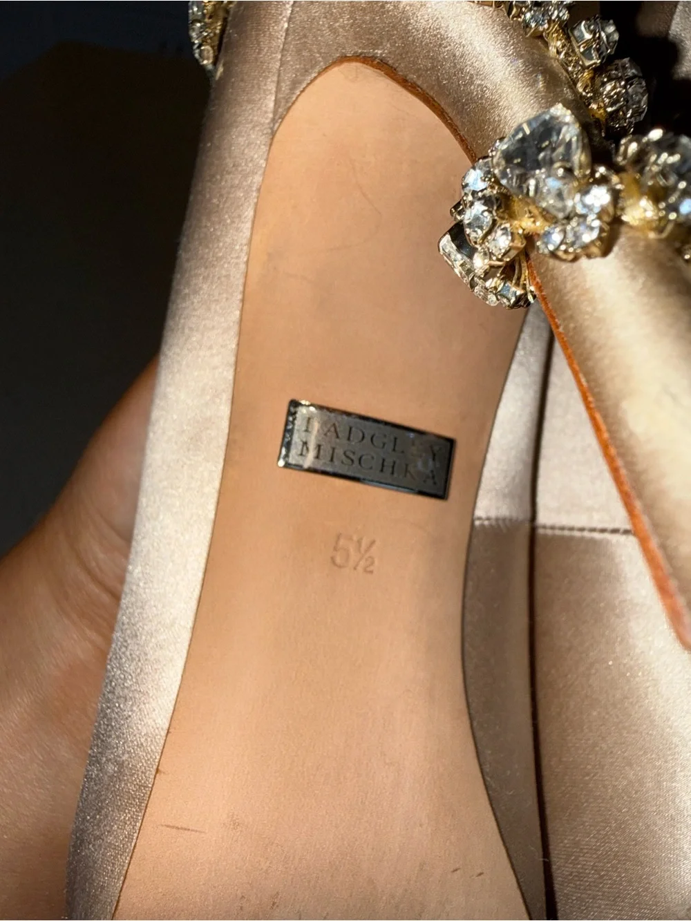 Badgley Mischka Rose Gold Satin Peep-Toe Heels with Crystal Brooches